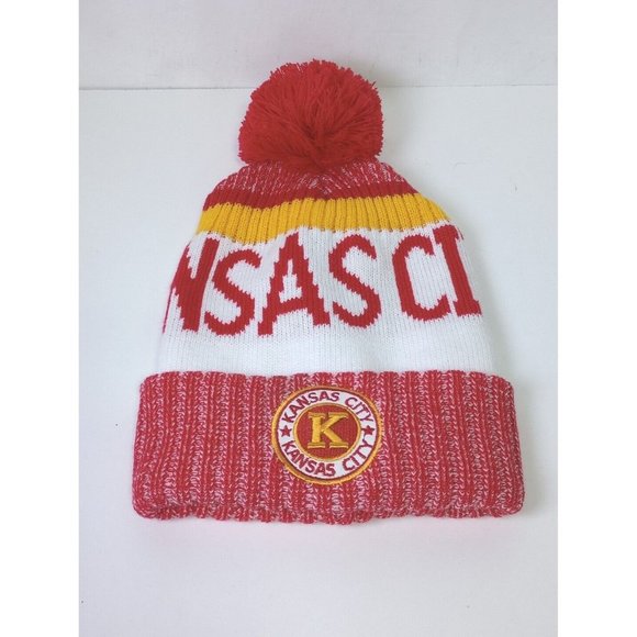 Kansas City Red yellow White Winter Hat Pom style Puff Ball Top Sz Small NWT - Picture 1 of 5